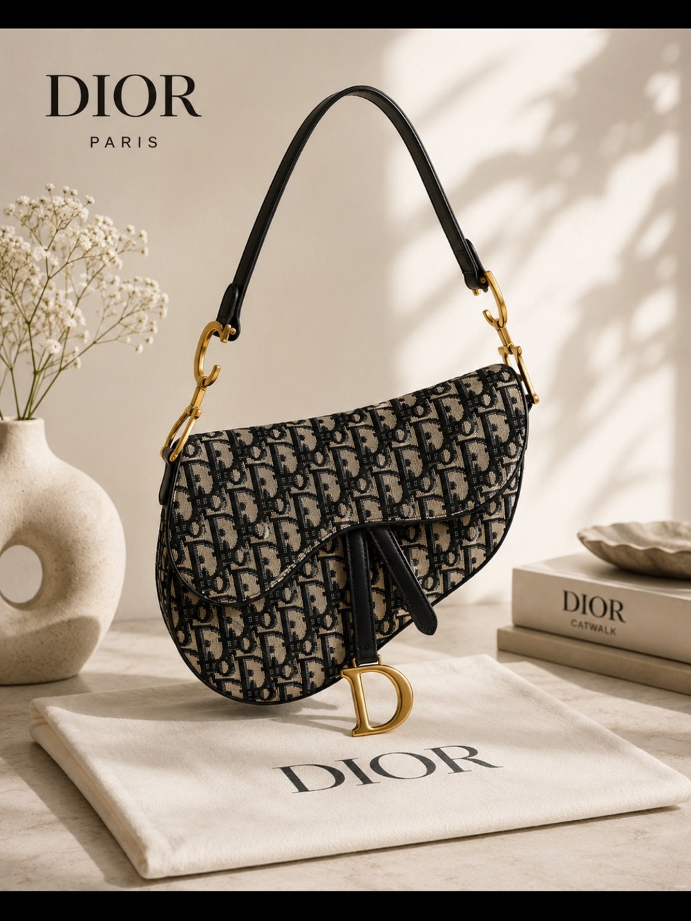Dior Black and Beige Saddle Shoulder Bag with Gold Hardware
